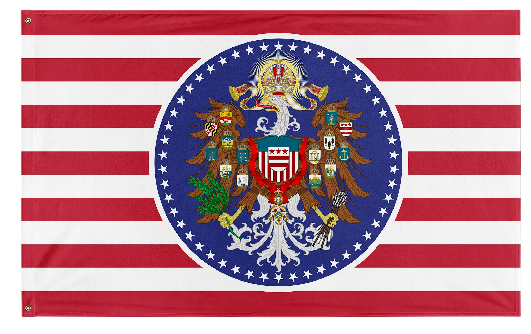 Full American Monarchist flag design, with the arms of the Thirteen Colonies arranged around a crowned bald eagle