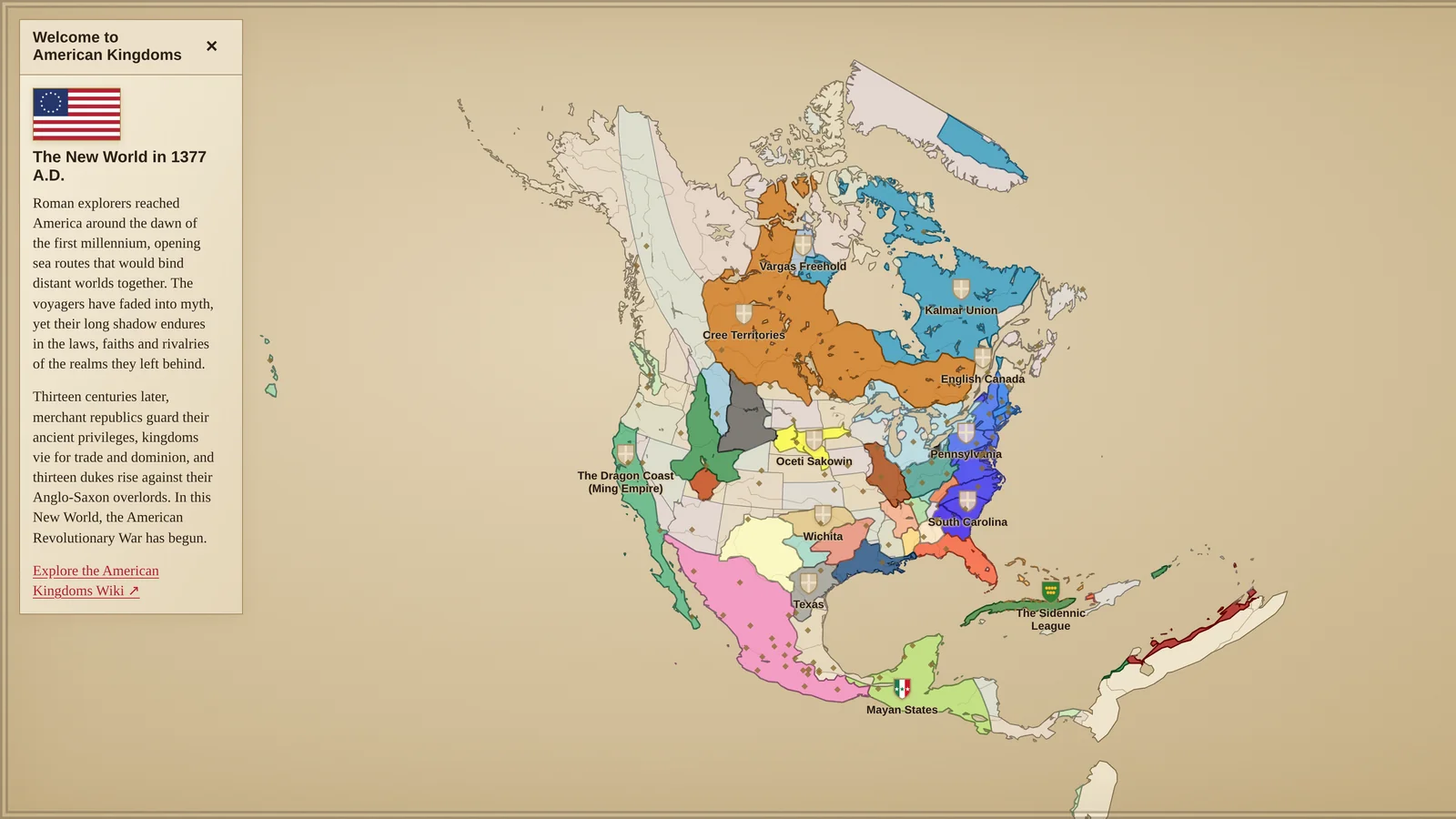 Interactive alt-history map of the New World in 1377 A.D., focused on the thirteen East Coast colonies coloured by realm