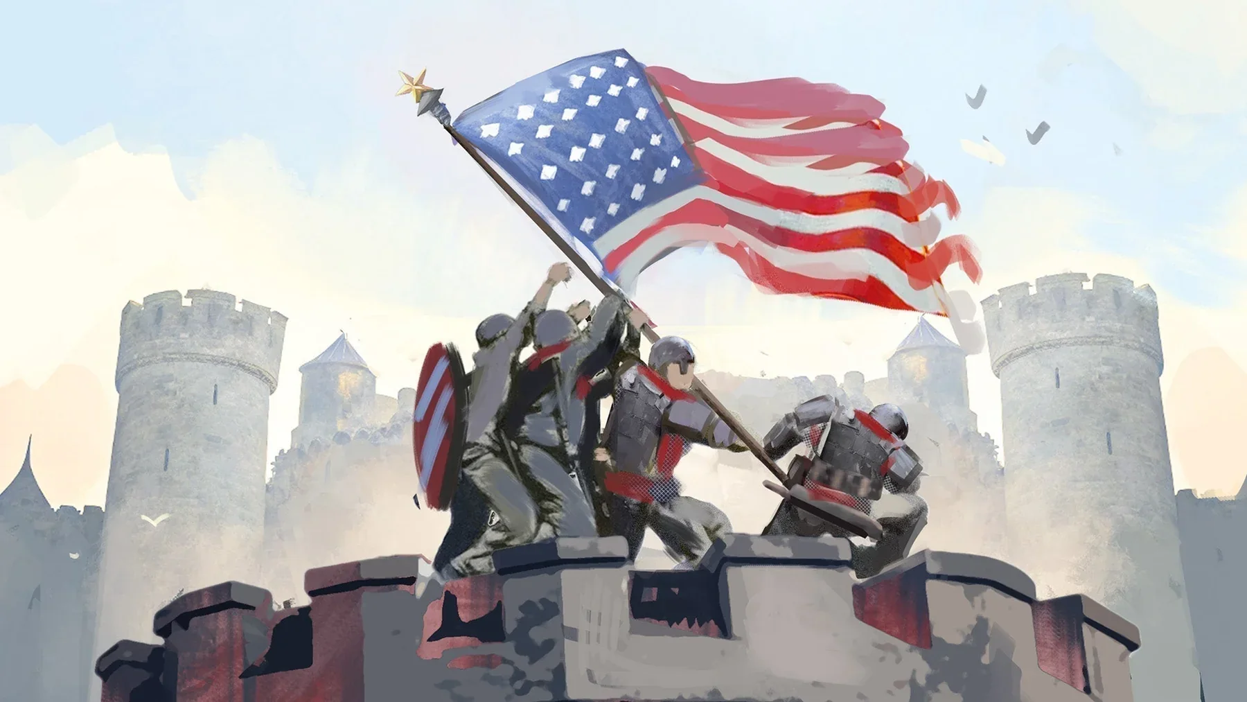 American knights raise the Union banner over a captured castle