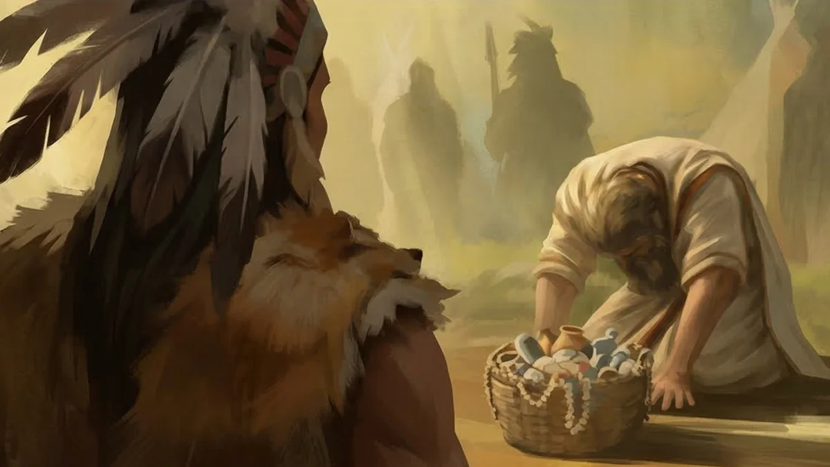 A traveller kneels beside a basket of gifts before a feather-cloaked figure