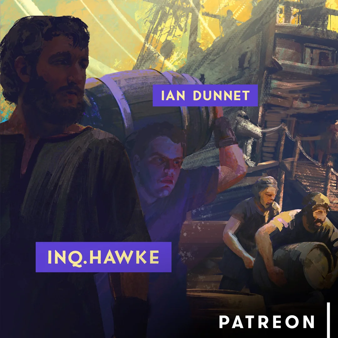Patreon cameo artwork featuring INQ.HAWKE and Ian Dunnet among the crew loading a ship