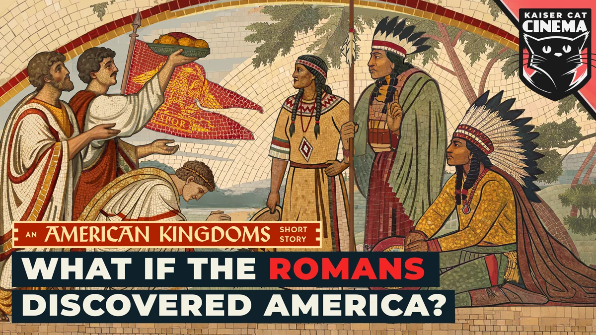 Mosaic-style American Kingdoms short story artwork of Romans meeting Native Americans, titled What if the Romans discovered America?