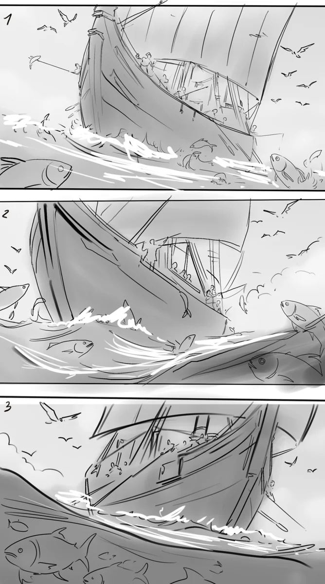 Three grayscale storyboard studies of mariners fishing from a sailing ship