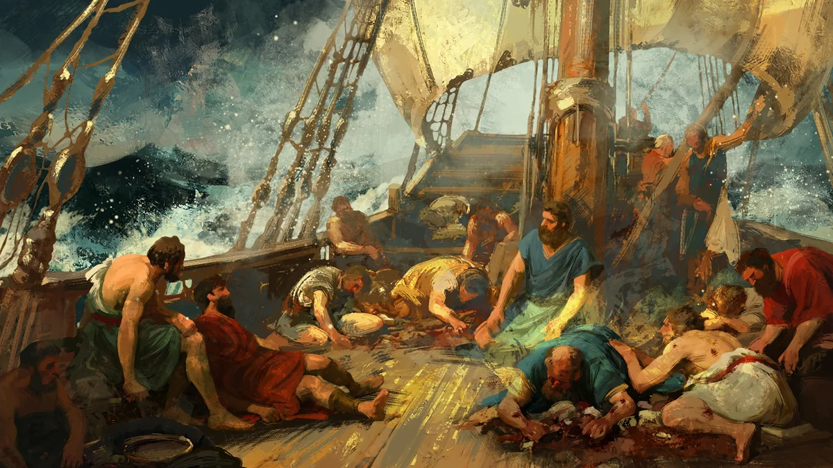 Exhausted and starving mariners lie on the deck during their ocean crossing