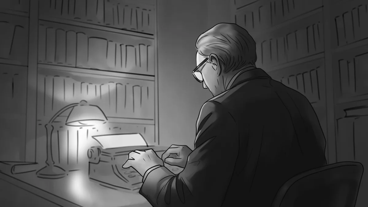 Grayscale concept study of a writer working at a typewriter in a library