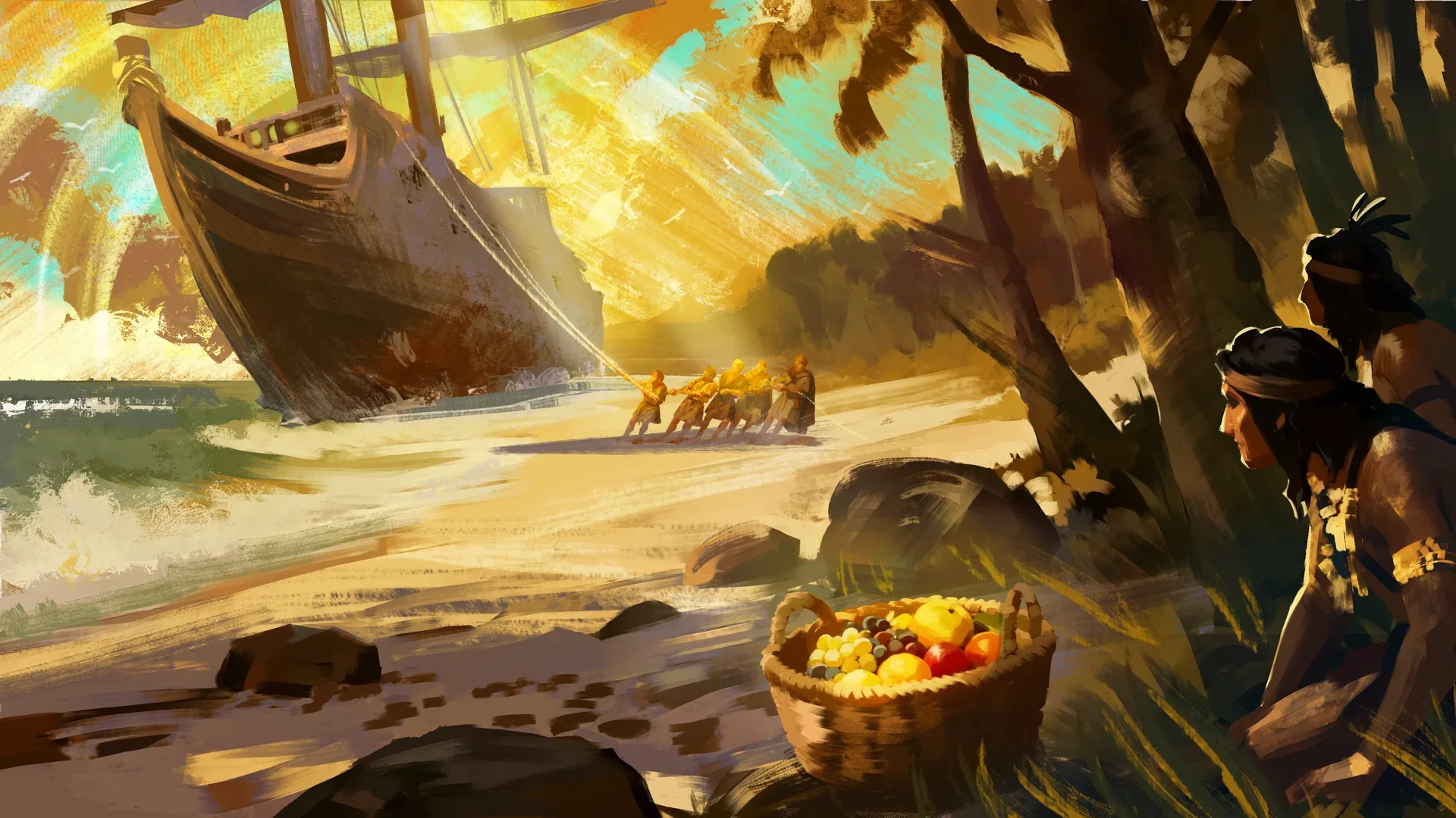 Roman mariners land on an American shore as Native scouts observe