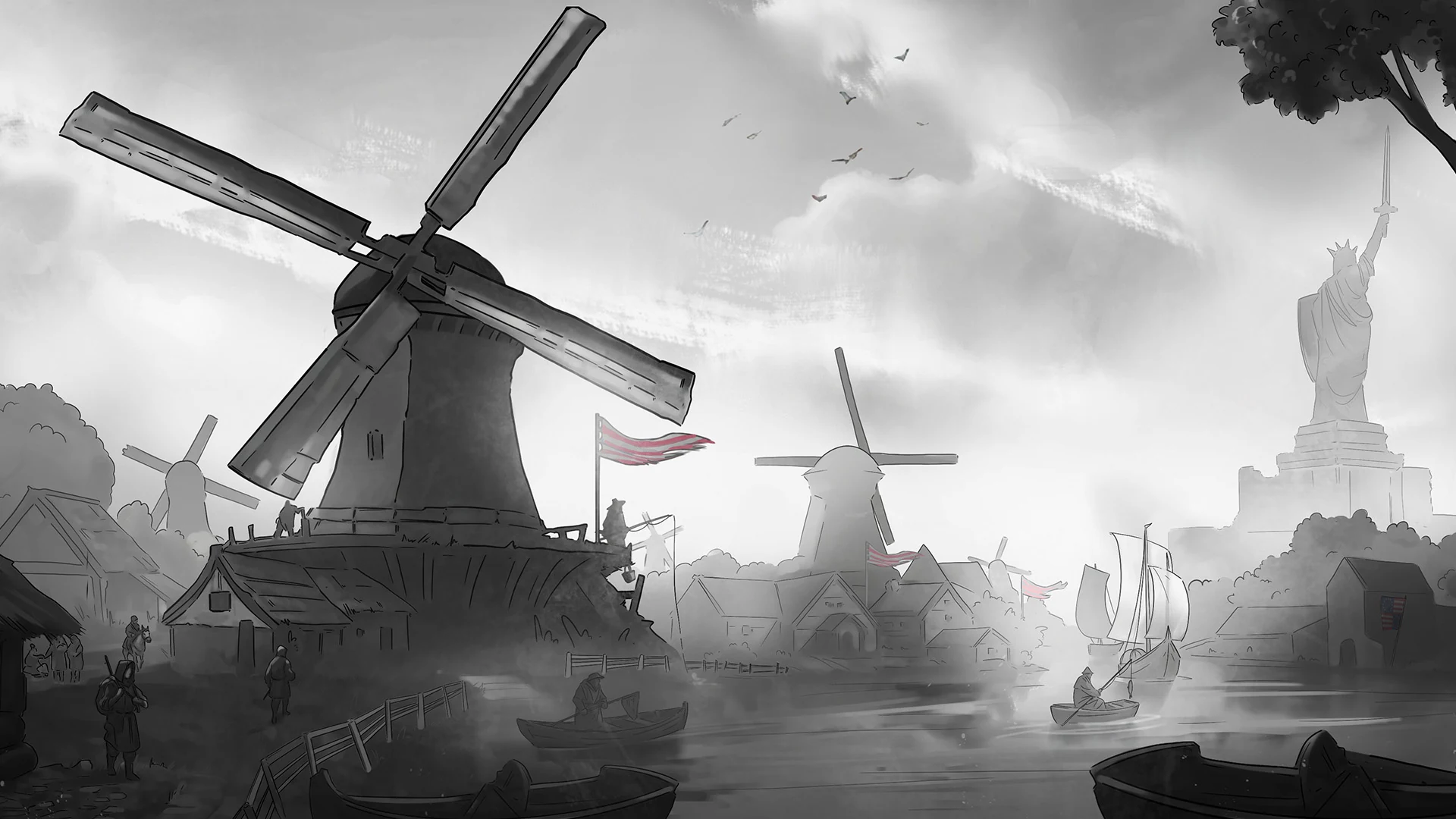 Windmills and sailing boats line a medieval American waterway