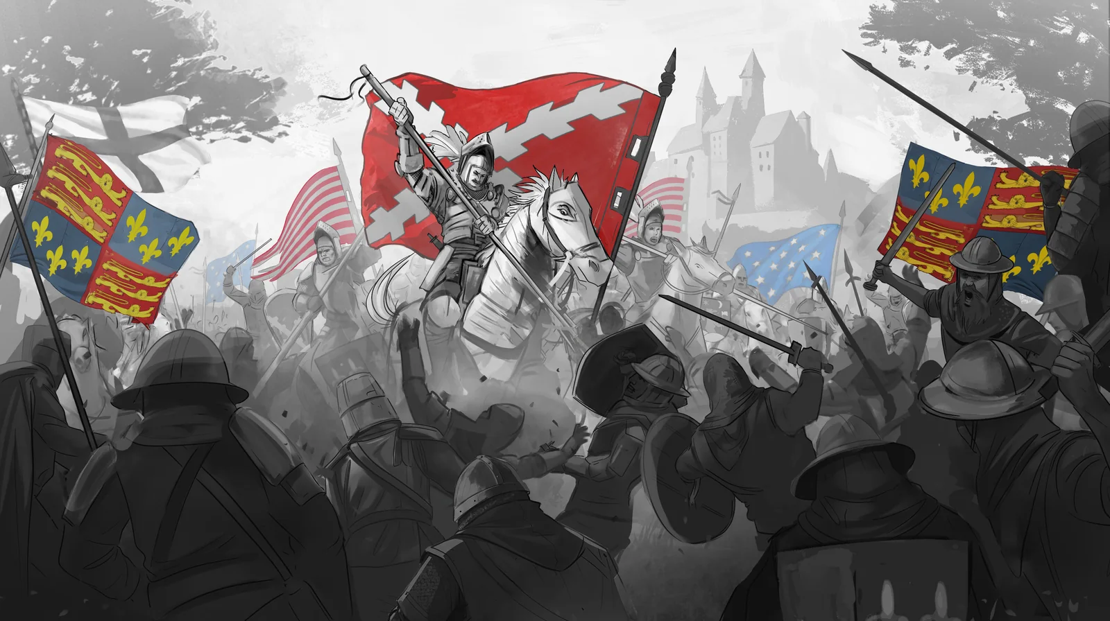 A Southern Kingdoms knight leads a cavalry charge beneath heraldic banners