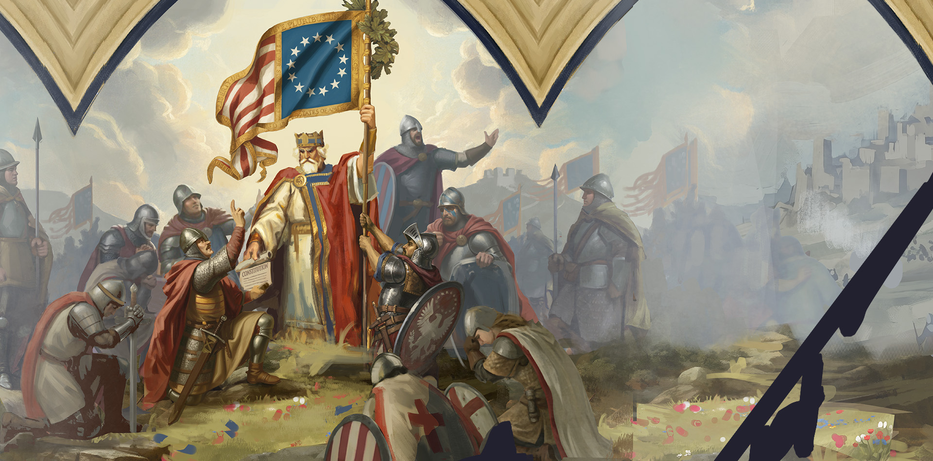 King Arthur Washington enthroned before the assembled knights of the Union
