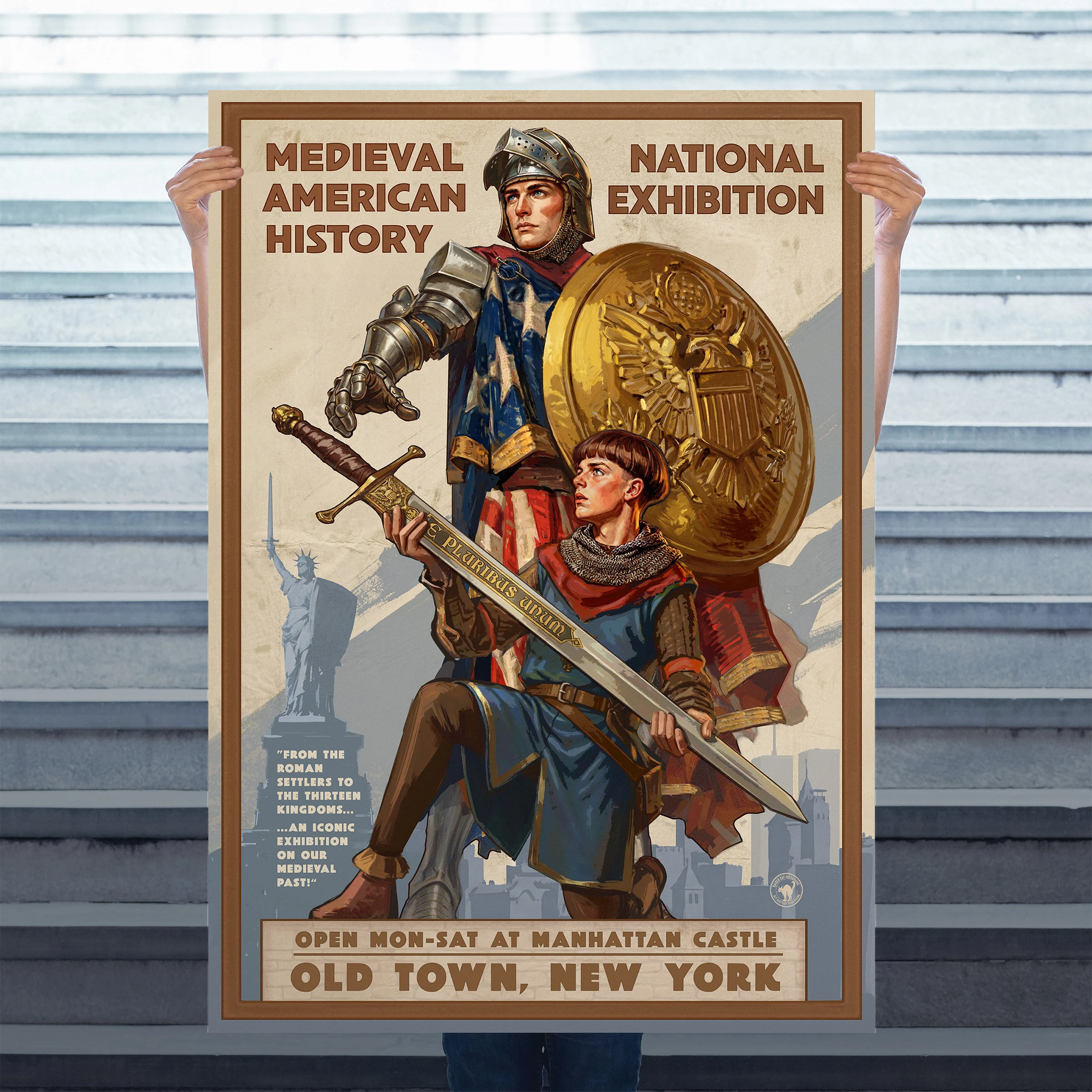 The American Kingdoms Manhattan Castle exhibition print held in front of a stone wall